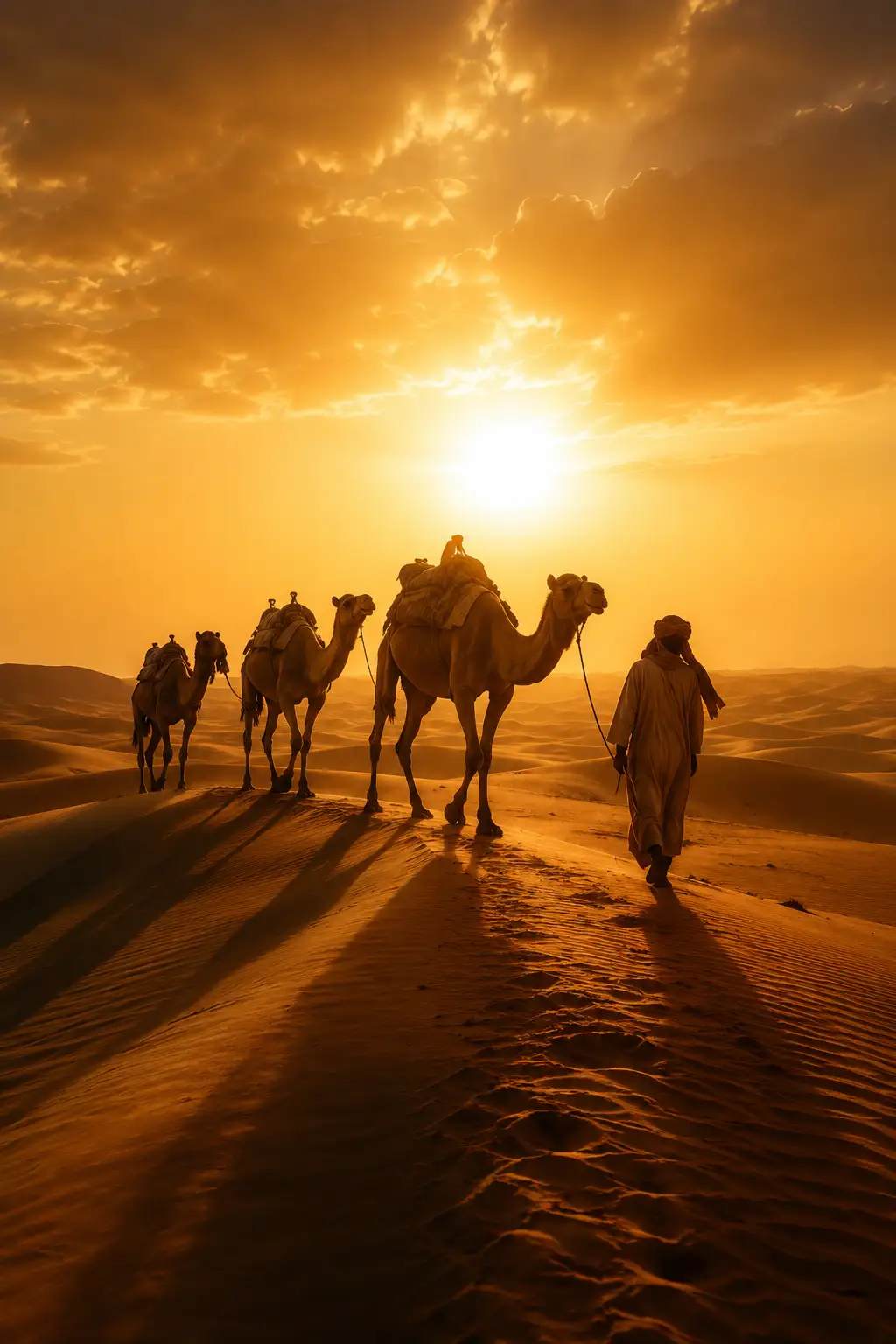 قافلة جمال في الصحراء عند الغروب